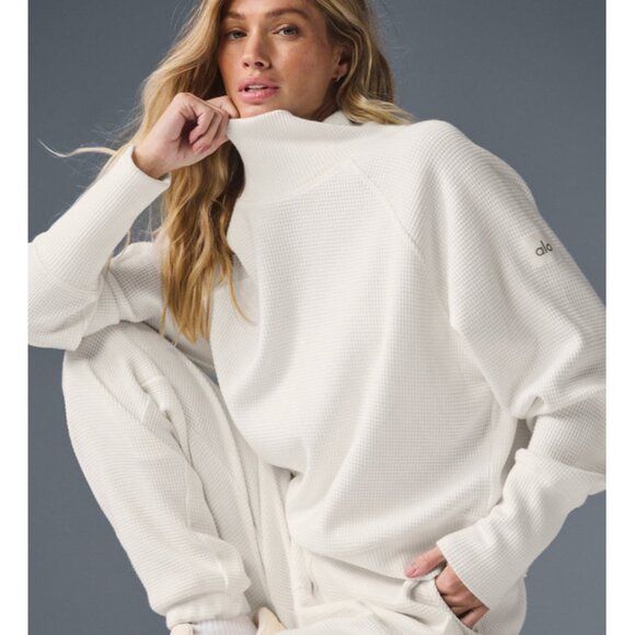 Alo Weekend Escape Mock Neck Long Sleeve Ivory Waffle Thermal Turtleneck Sweater - Picture 1 of 14